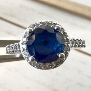925 Sterling CZ Blue Gemstone Halo Ring Size 7.25